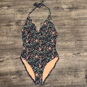 J CREW One Piece Floral Scalloped Small S Navy Flowers Hard To Find Swim Suit